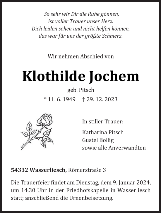 Traueranzeige von Klothilde Jochem von trierischer_volksfreund