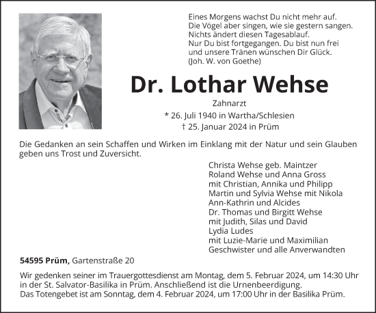 Traueranzeige von Lothar Wehse von trierischer_volksfreund