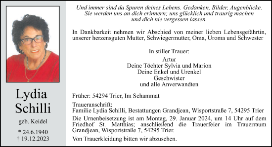 Traueranzeige von Lydia Schilli von trierischer_volksfreund