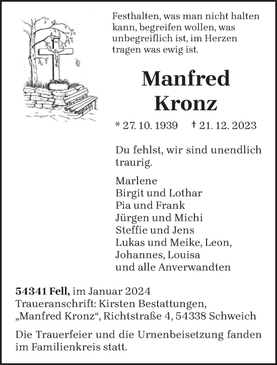 Traueranzeige von Manfred Kronz von trierischer_volksfreund
