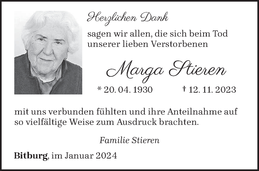 Traueranzeige für Marga Stieren vom 20.01.2024 aus trierischer_volksfreund