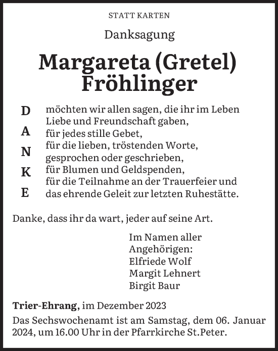 Traueranzeige von Margareta Fröhlinger von trierischer_volksfreund