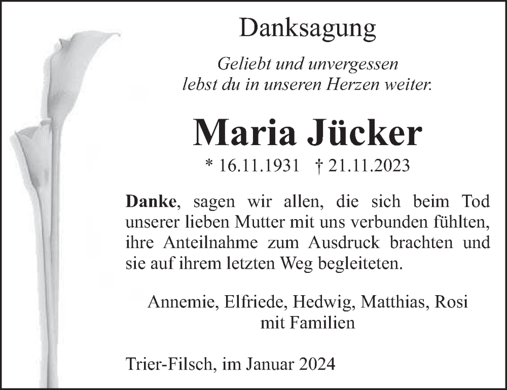  Traueranzeige für Maria Jücker vom 13.01.2024 aus trierischer_volksfreund