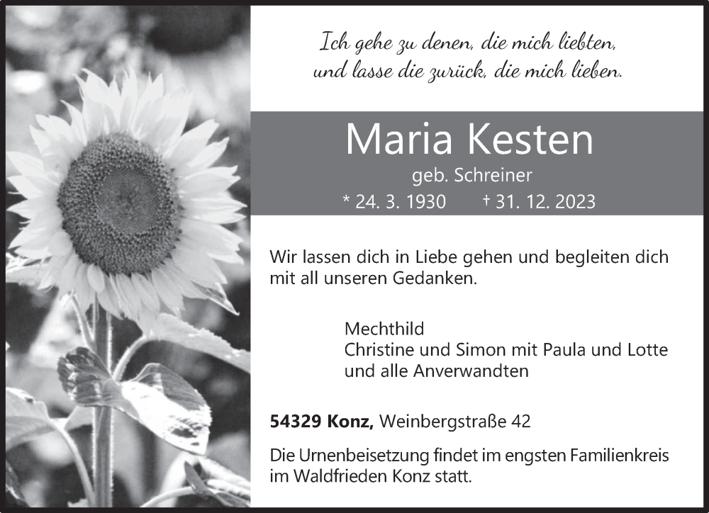 Traueranzeige für Maria Kesten vom 06.01.2024 aus trierischer_volksfreund