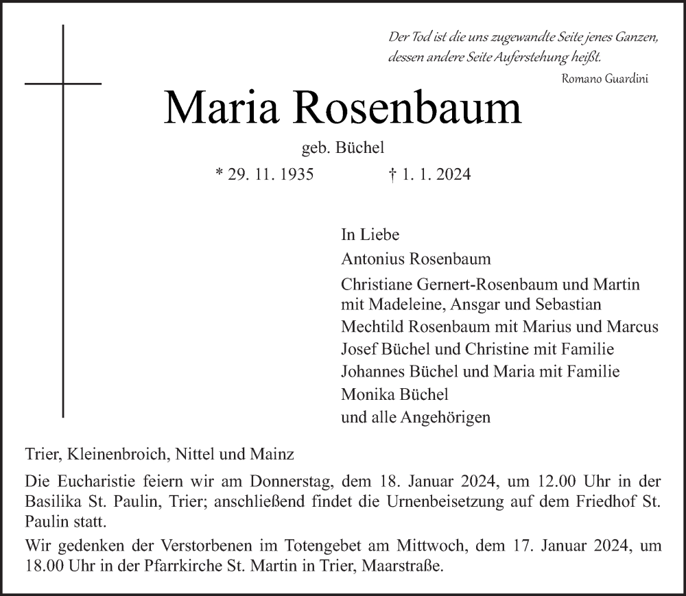  Traueranzeige für Maria Rosenbaum vom 13.01.2024 aus trierischer_volksfreund