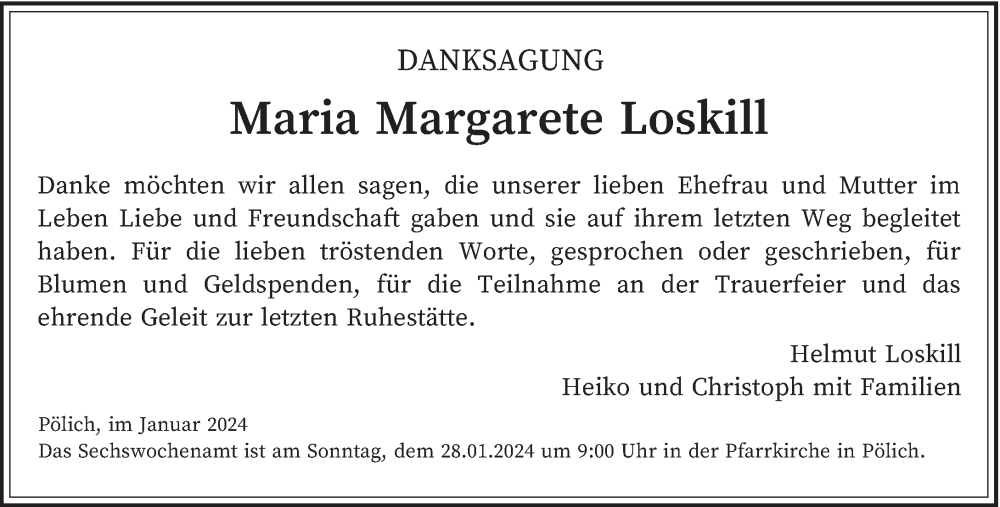  Traueranzeige für Maria MArgarete Loskill vom 24.01.2024 aus trierischer_volksfreund