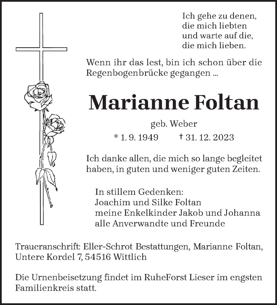 Traueranzeige für Marianne Foltan vom 06.01.2024 aus trierischer_volksfreund