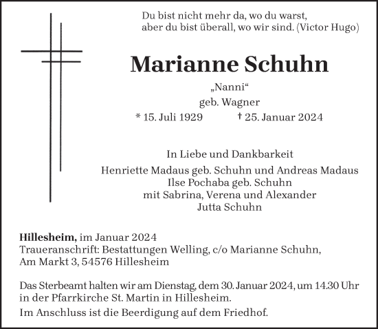 Traueranzeige von Marianne Schuhn von trierischer_volksfreund