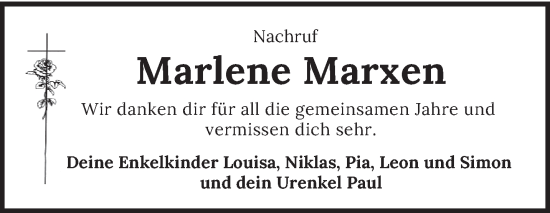 Traueranzeige von Marlene Marxen von trierischer_volksfreund