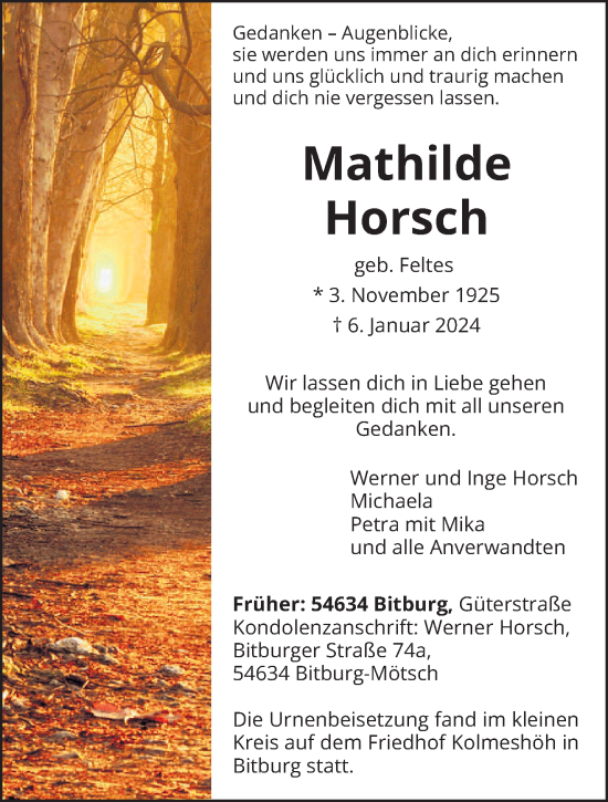 Traueranzeige von Mathilde Horsch von trierischer_volksfreund