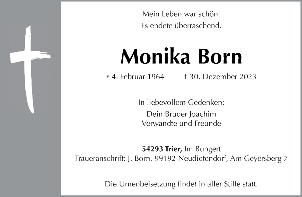  Traueranzeige für Monika Born vom 13.01.2024 aus trierischer_volksfreund