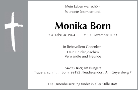 Traueranzeige von Monika Born von trierischer_volksfreund