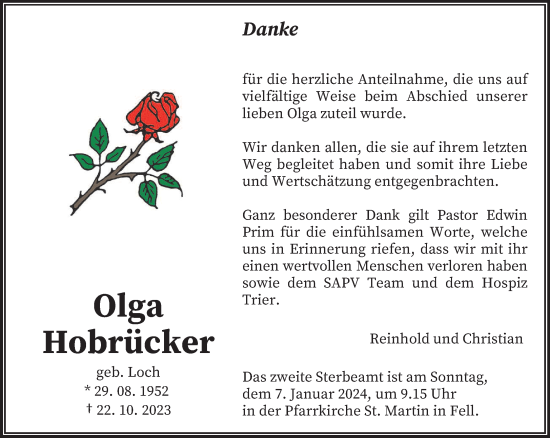 Traueranzeige von Olga Hobrücker von trierischer_volksfreund