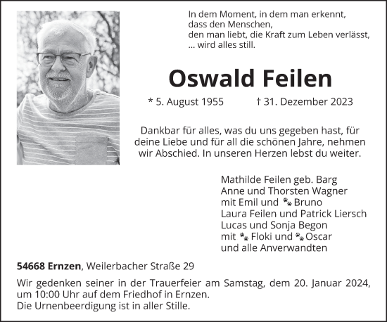 Traueranzeige von Oswald Feilen von trierischer_volksfreund