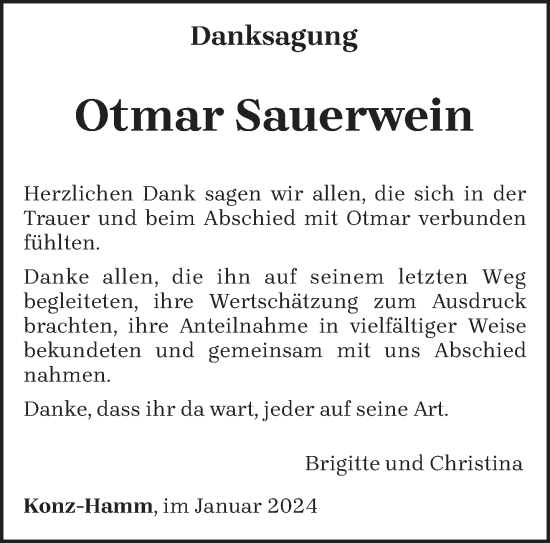 Traueranzeige von Otmar Sauerwein von trierischer_volksfreund