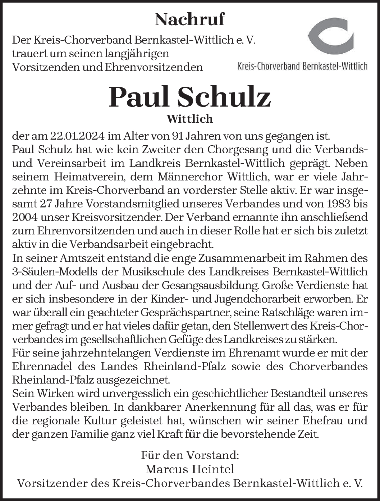  Traueranzeige für Paul Schulz vom 27.01.2024 aus trierischer_volksfreund