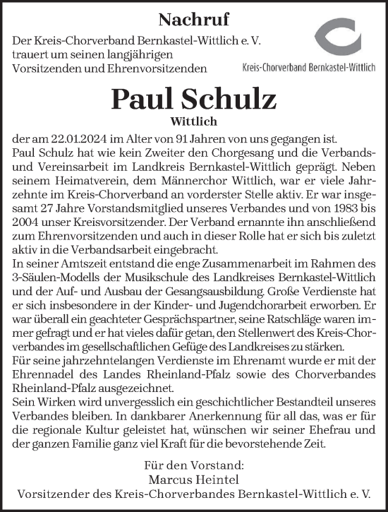 Traueranzeige von Paul Schulz von trierischer_volksfreund