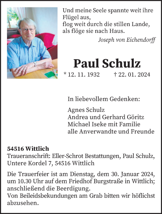 Traueranzeige von Paul Schulz von trierischer_volksfreund