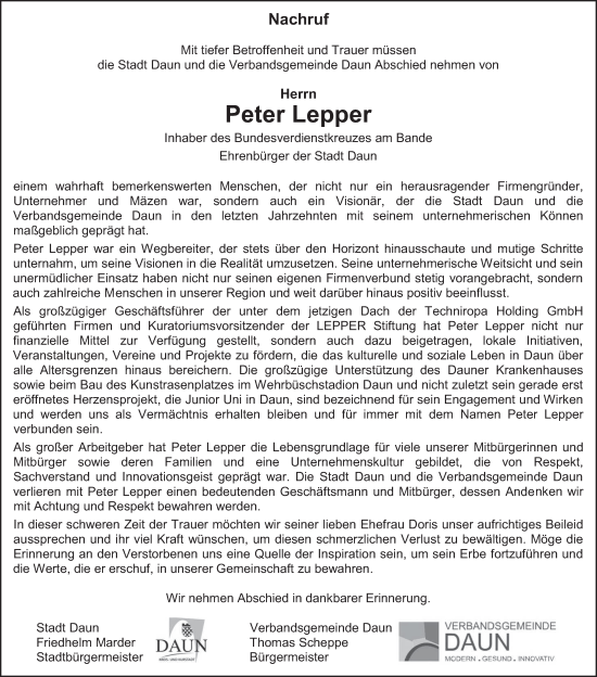 Traueranzeige von Peter Lepper von trierischer_volksfreund