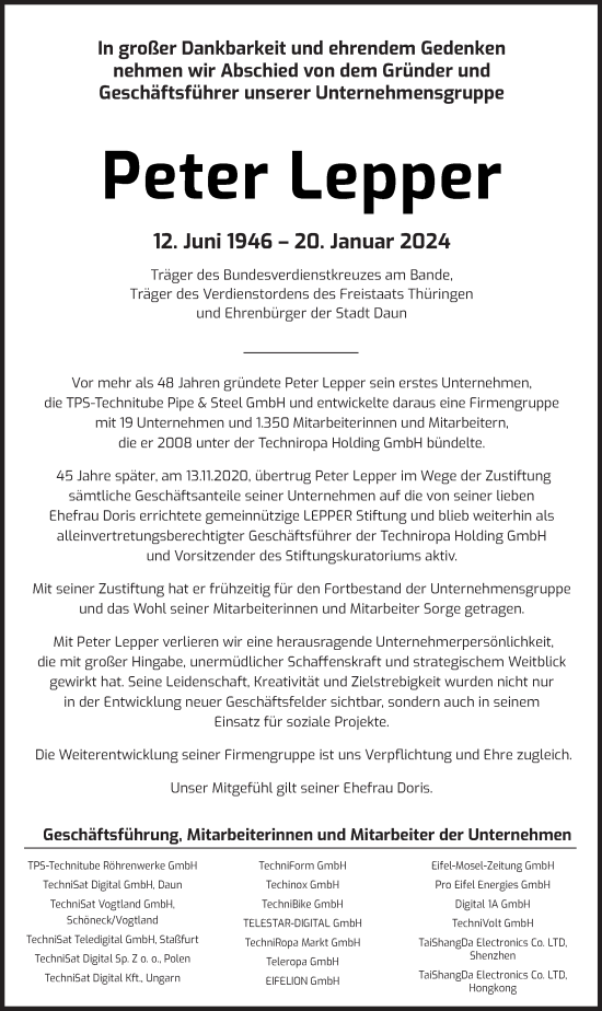 Traueranzeige von Peter Lepper von trierischer_volksfreund