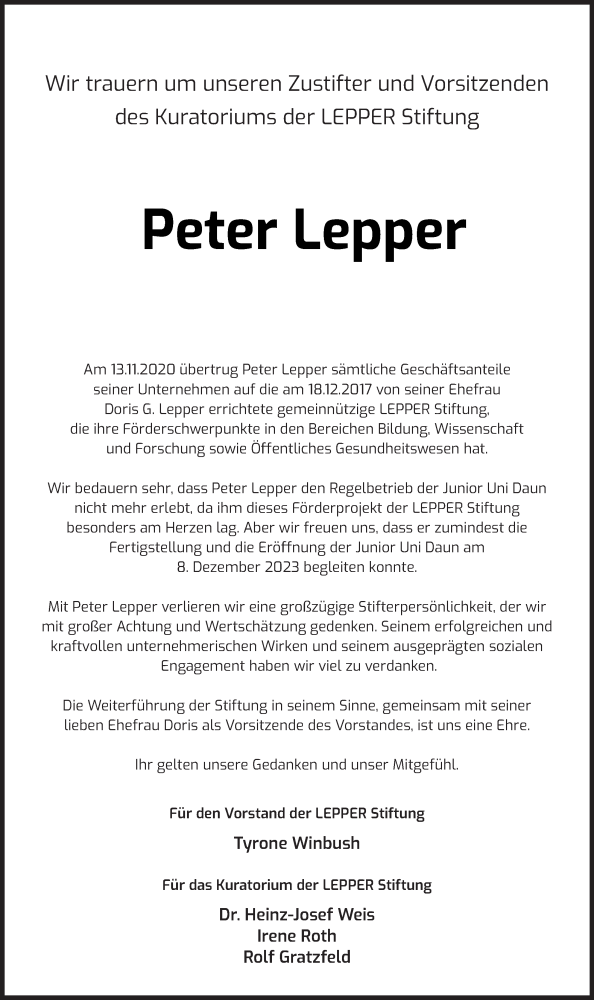  Traueranzeige für Peter Lepper vom 26.01.2024 aus trierischer_volksfreund
