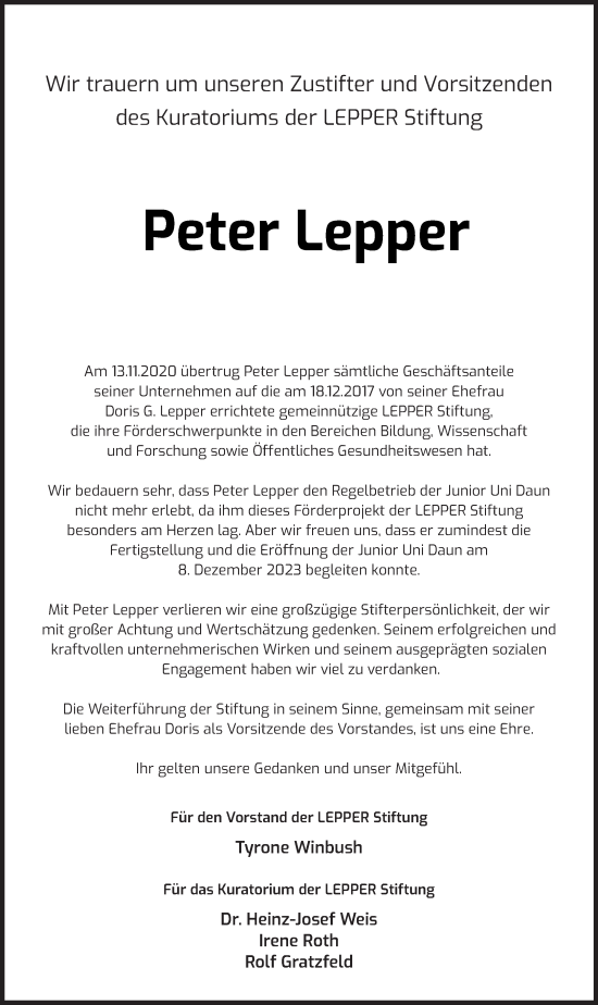 Traueranzeige von Peter Lepper von trierischer_volksfreund