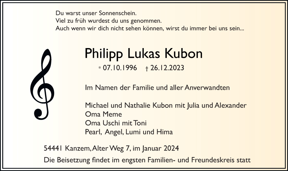  Traueranzeige für Philipp Lukas Kubon vom 06.01.2024 aus trierischer_volksfreund