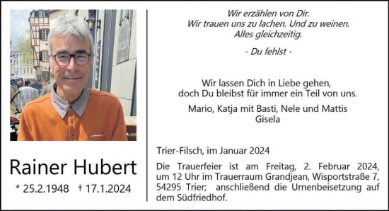 Traueranzeige von Rainer Hubert von trierischer_volksfreund