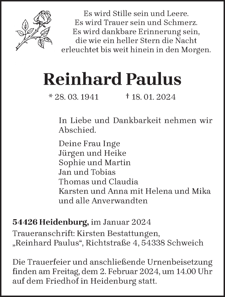  Traueranzeige für Reinhard Paulus vom 27.01.2024 aus trierischer_volksfreund
