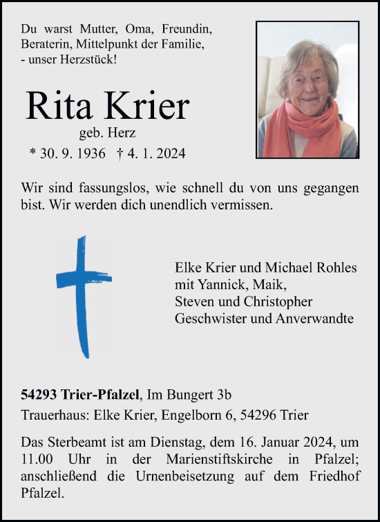 Traueranzeige von Rita Krier von trierischer_volksfreund