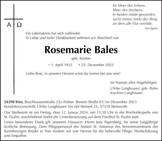 Traueranzeige von Rosemarie Bales von trierischer_volksfreund