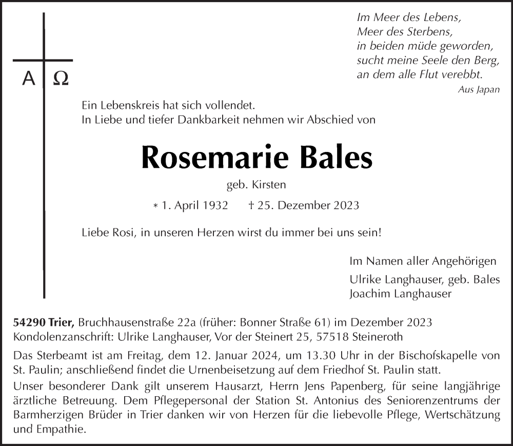 Traueranzeige für Rosemarie Bales vom 06.01.2024 aus trierischer_volksfreund