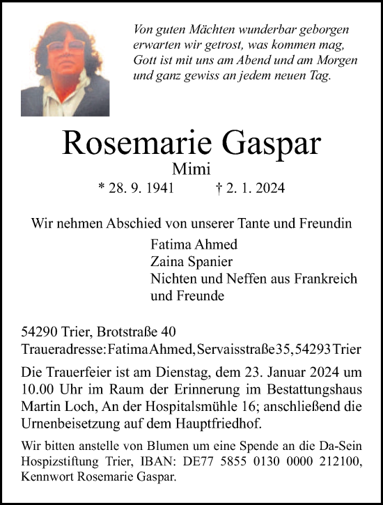 Traueranzeige von Rosemarie Gaspar von trierischer_volksfreund