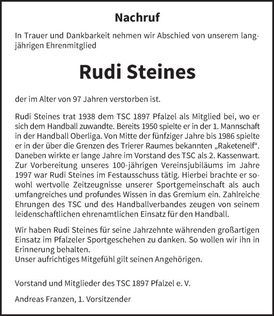 Traueranzeige von Rudi Steines von trierischer_volksfreund