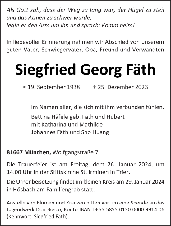 Traueranzeige von Siegfried Georg Fäth von trierischer_volksfreund