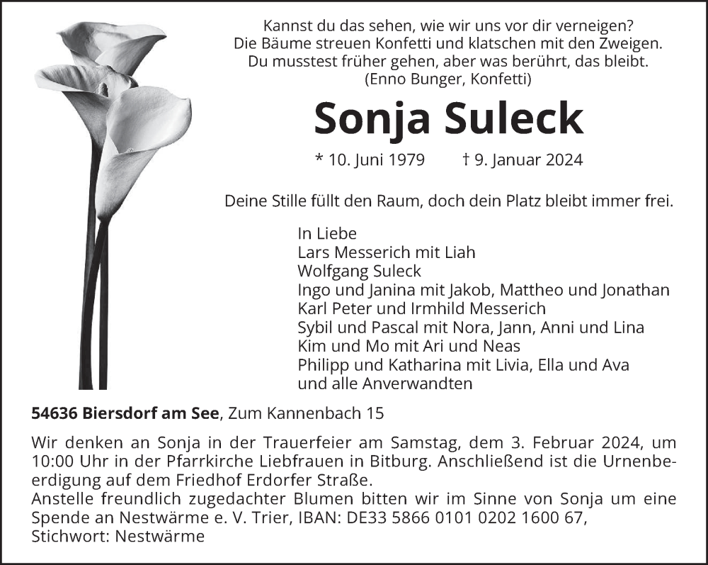  Traueranzeige für Sonja Suleck vom 13.01.2024 aus trierischer_volksfreund