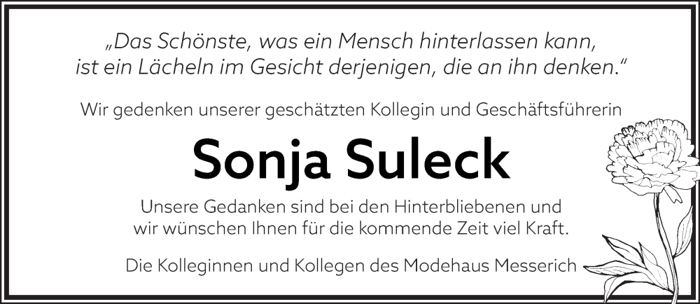  Traueranzeige für Sonja Suleck vom 13.01.2024 aus trierischer_volksfreund