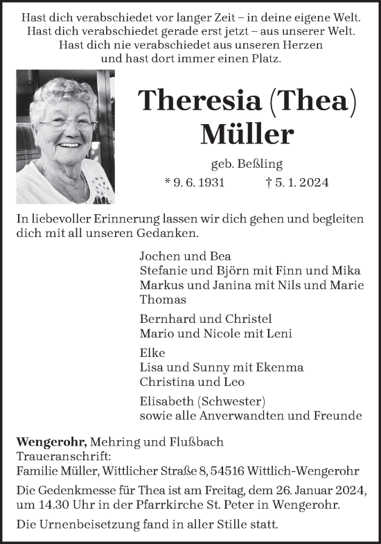 Traueranzeige von Theresia Müller von trierischer_volksfreund