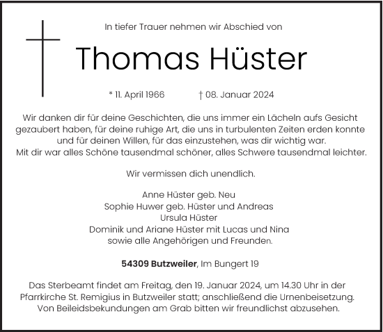 Traueranzeige von Thomas Hüster von trierischer_volksfreund