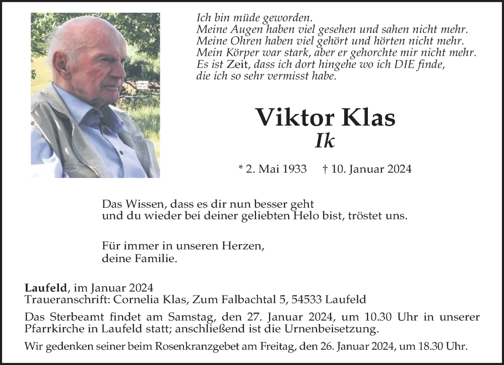  Traueranzeige für Viktor Klas vom 20.01.2024 aus trierischer_volksfreund