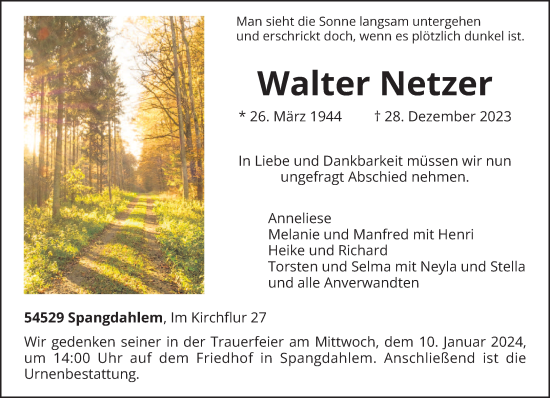 Traueranzeige von Walter Netzer von trierischer_volksfreund