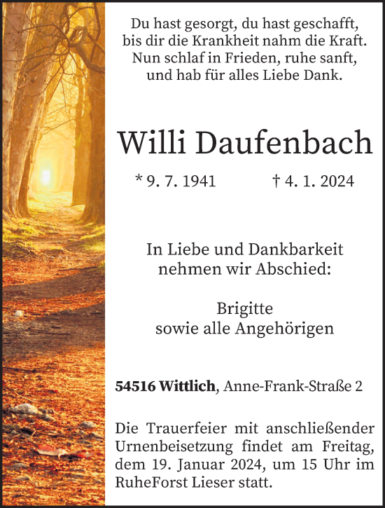 Traueranzeige von Willi Daufenbach von trierischer_volksfreund