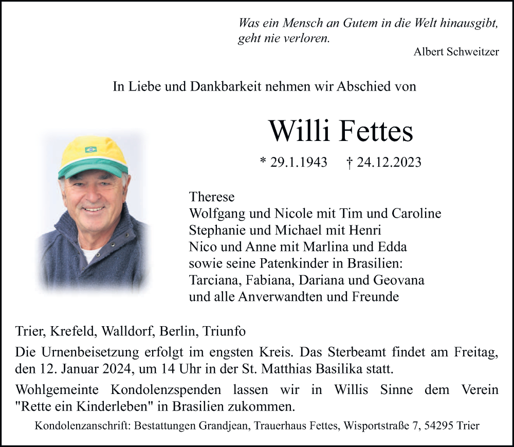  Traueranzeige für Willi Fettes vom 03.01.2024 aus trierischer_volksfreund