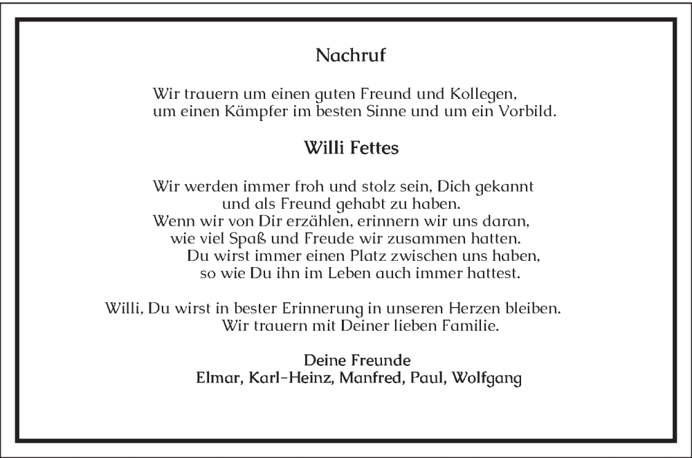  Traueranzeige für Willi Fettes vom 03.01.2024 aus trierischer_volksfreund