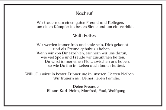 Traueranzeige von Willi Fettes von trierischer_volksfreund
