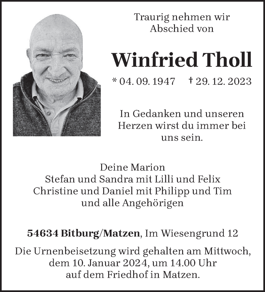  Traueranzeige für Winfried Tholl vom 06.01.2024 aus trierischer_volksfreund