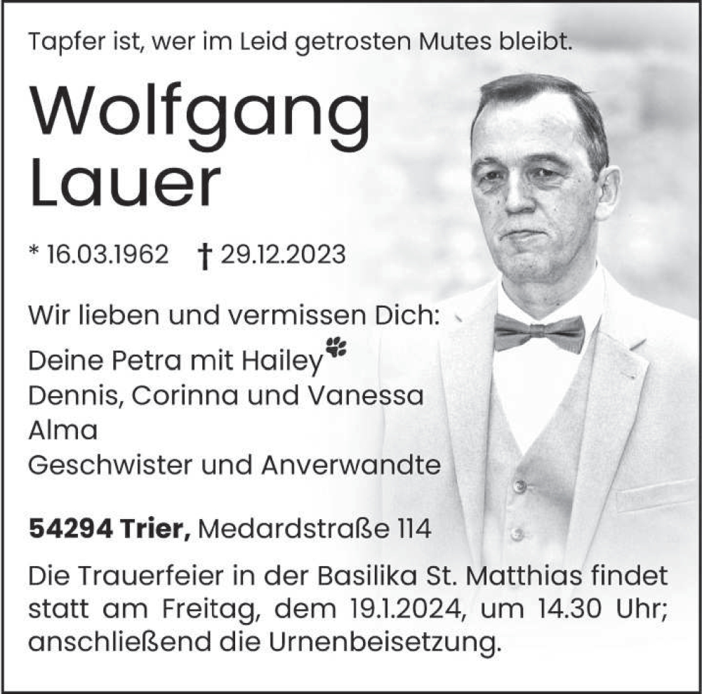  Traueranzeige für Wolfgang Lauer vom 13.01.2024 aus trierischer_volksfreund
