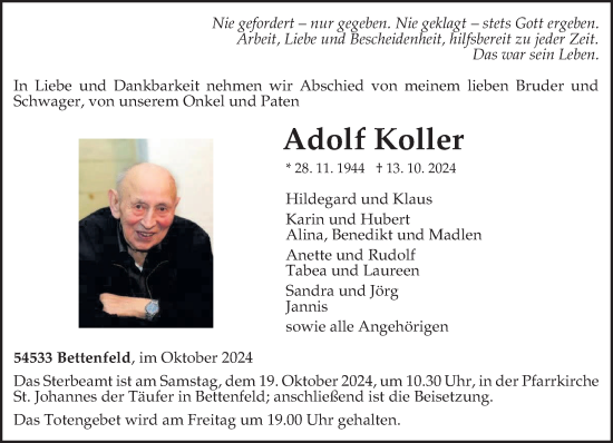 Traueranzeige von Adolf Koller von trierischer_volksfreund