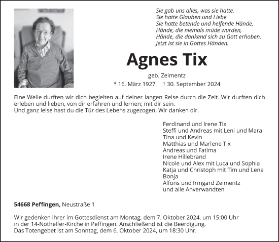 Traueranzeige von Agnes Tix von trierischer_volksfreund