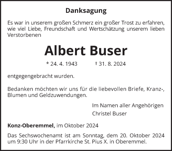 Traueranzeige von Albert Buser von trierischer_volksfreund